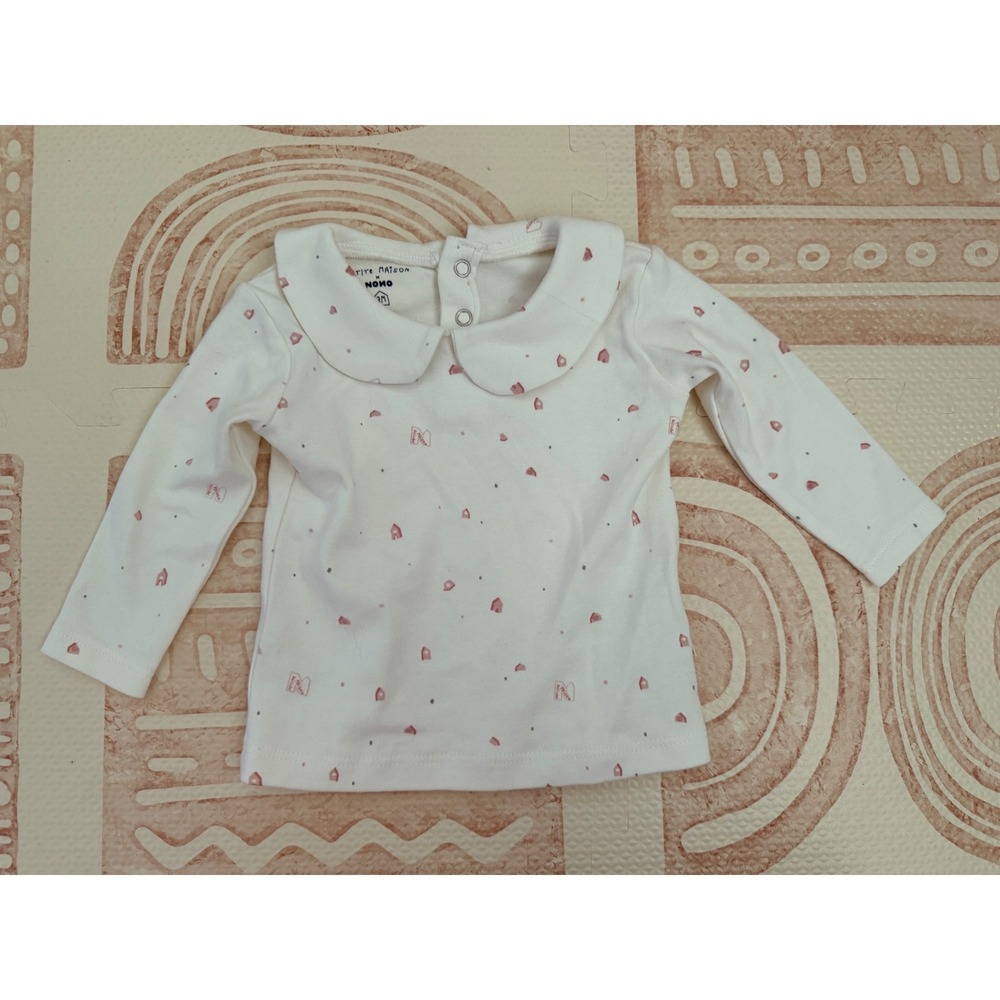Petite Maison x NOMO Baby Girl White Pink House Print Peter Pan Collar Top 3M